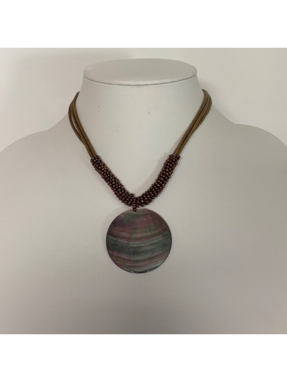 Lia Sophia Corded Bronze Beaded Necklace Abalone Shell Pendant Boho Beachy